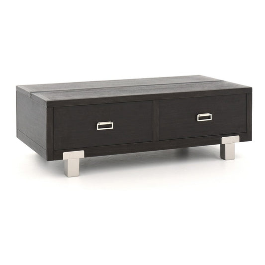 54 Inch Wood Lift Top Cocktail Table, 2 Drawer, Metal Block Feet, Brown By Casagear Home