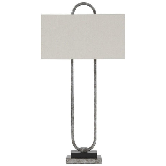 Table Lamp | Capsule Metal Body | Fabric Drum Shade | Gray & White