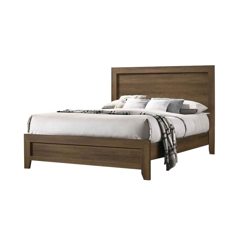 Wooden Queen Bed with Molded Trim Headboard and Chamfered Legs, Brown By Casagear Home