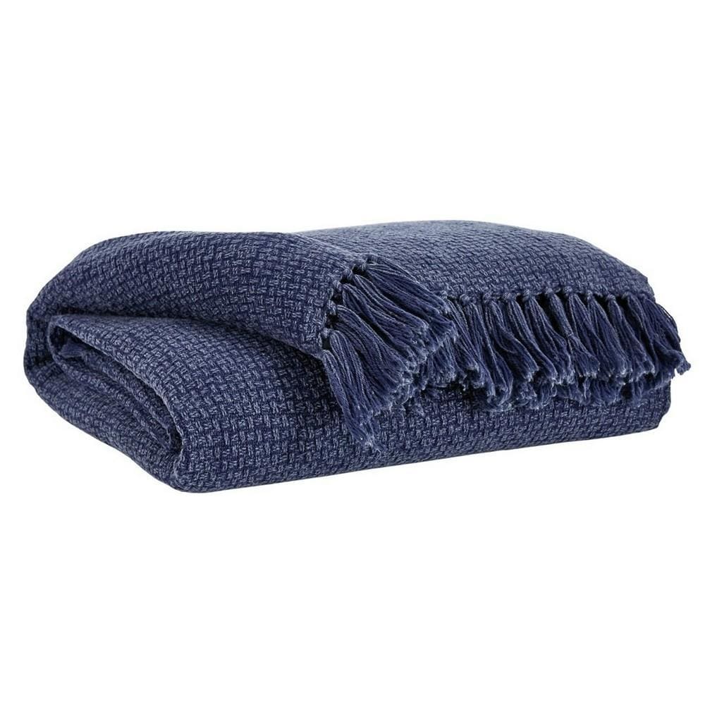 60 x 50 Cotton Throw with Textured and Fringe Details, Set of 3, Navy  Blue By Casagear Home