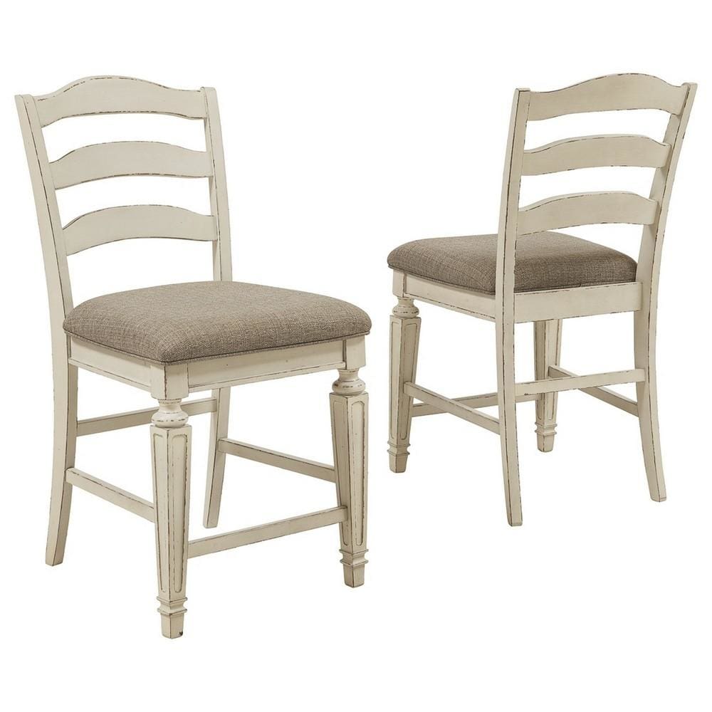 Fabric Upholstered Barstool with Ladder Back, Set of 2, White and Brown By Casagear Home