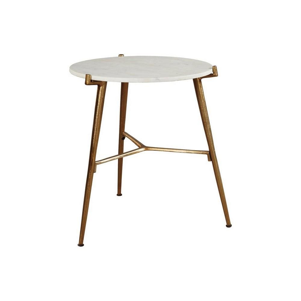 Round Marble Top  Accent Table with Angled Metal Legs, Gold and White By Casagear Home