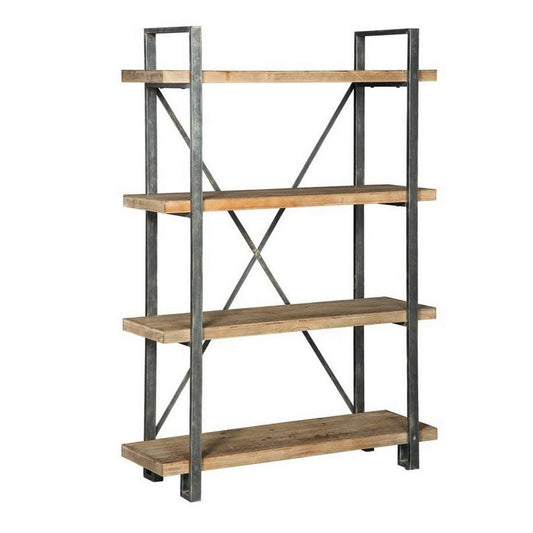 4 Wooden Fixed Shelf Bookcase with X Metal Support, Brown and Gray By Casagear Home