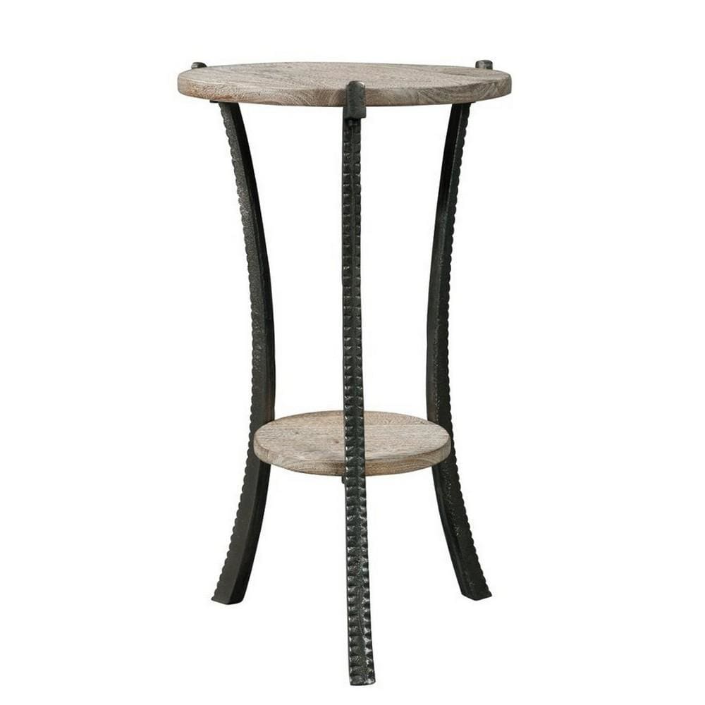 Round Wooden Top Accent Table with Flared Metal Legs, Brown and Gray By Casagear Home