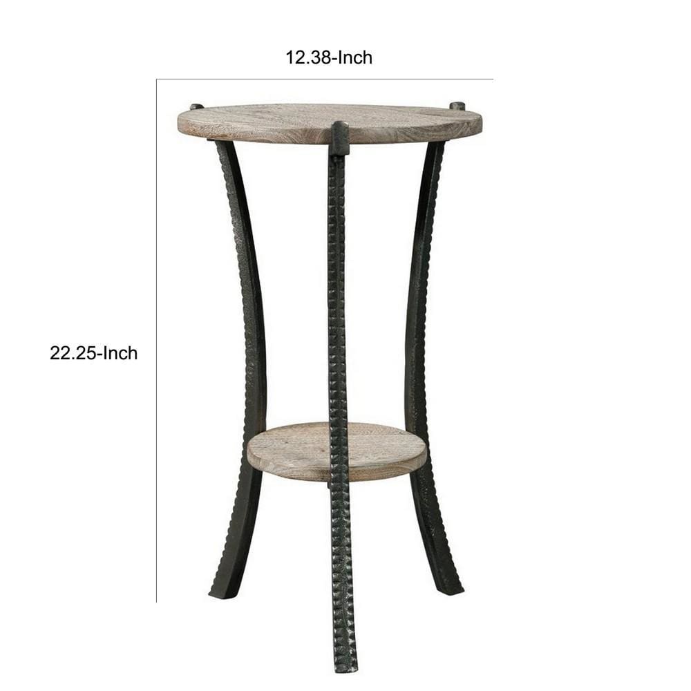 Round Wooden Top Accent Table with Flared Metal Legs Brown and Gray By Casagear Home BM227089