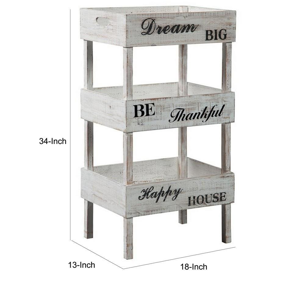 Wooden Storage Shelf with 3 Open Cases and Cut Out Handle Antique White By Casagear Home BM227092
