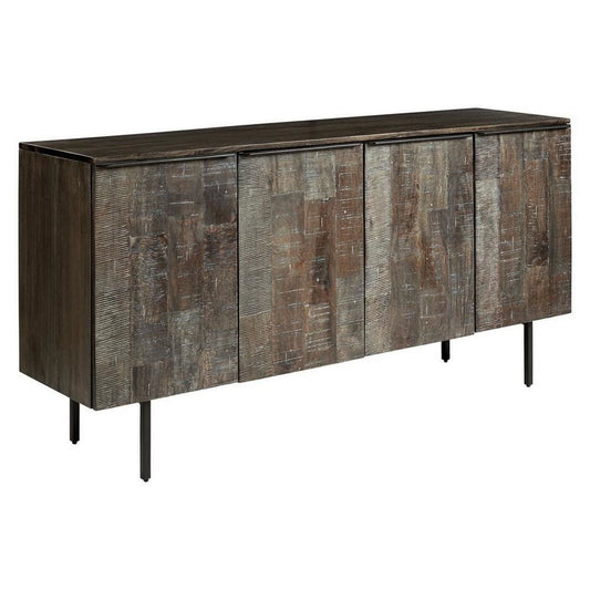 4 Door Wooden Accent Cabinet with Rough Hewn Texture, Distressed Gray By Casagear Home
