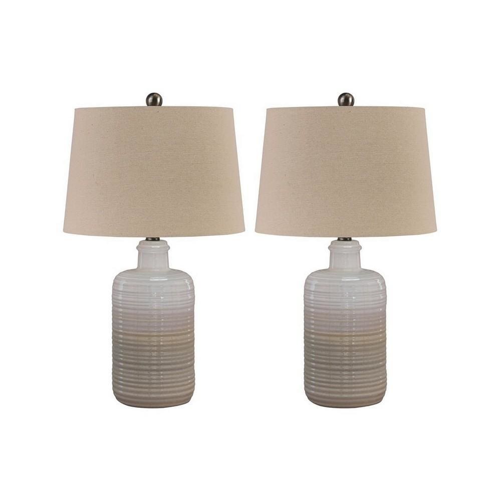 Ceramic Body Table Lamp with Brushed Details, Set of 2, Beige and White By Casagear Home
