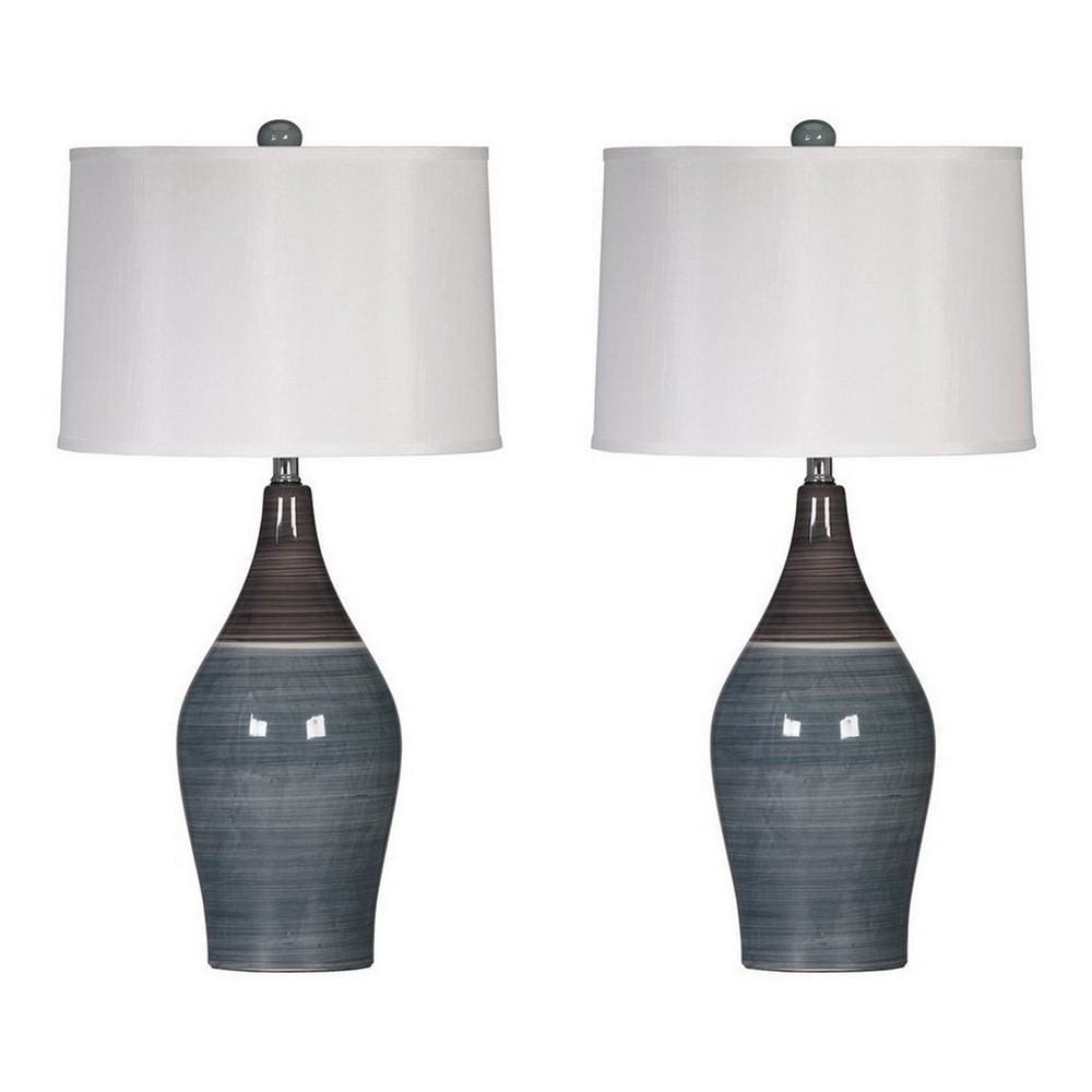 Pot Bellied Ceramic Table Lamp with Brushed Details,Set of 2,Gray and White By Casagear Home