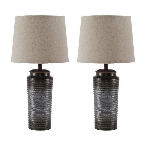Table Lamp | Ribbed Metal Body | Fabric Shade | Set of 2 | Gray