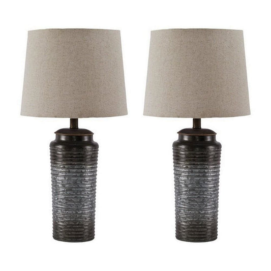 Table Lamp | Ribbed Metal Body | Fabric Shade | Set of 2 | Gray