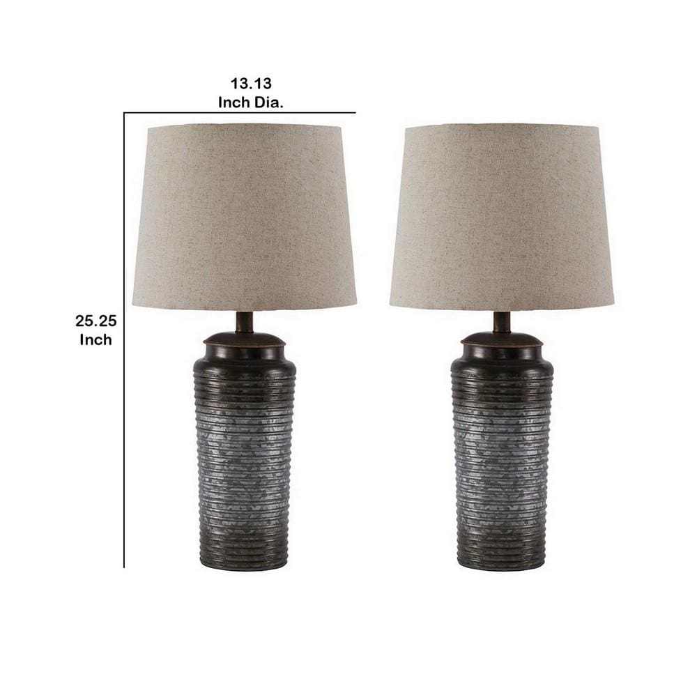 Ribbed Design Metal Body Table Lamp with Tapered Fabric Shade,Set of 2,Gray By Casagear Home BM227191