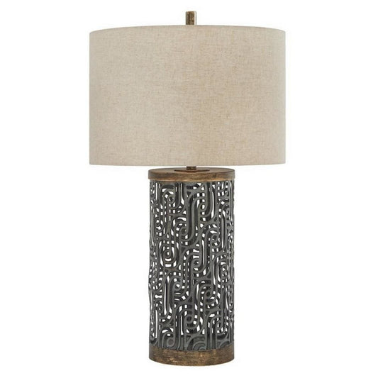150 Watt Metal Body Table  Lamp with Network Design, Gray and Beige By Casagear Home