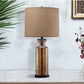 Glass Table Lamp with Fabric Drum Shade, Gold and Beige By Casagear Home