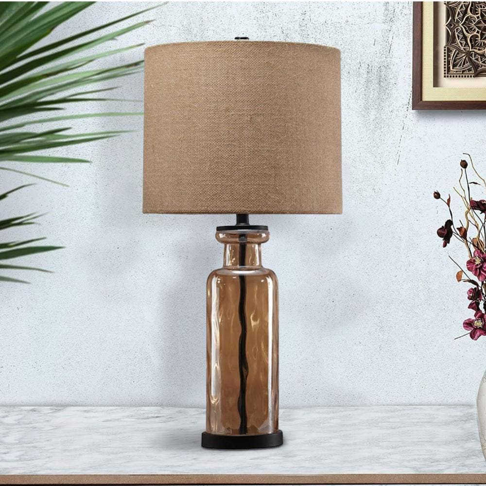 Glass Table Lamp with Fabric Drum Shade, Gold and Beige By Casagear Home