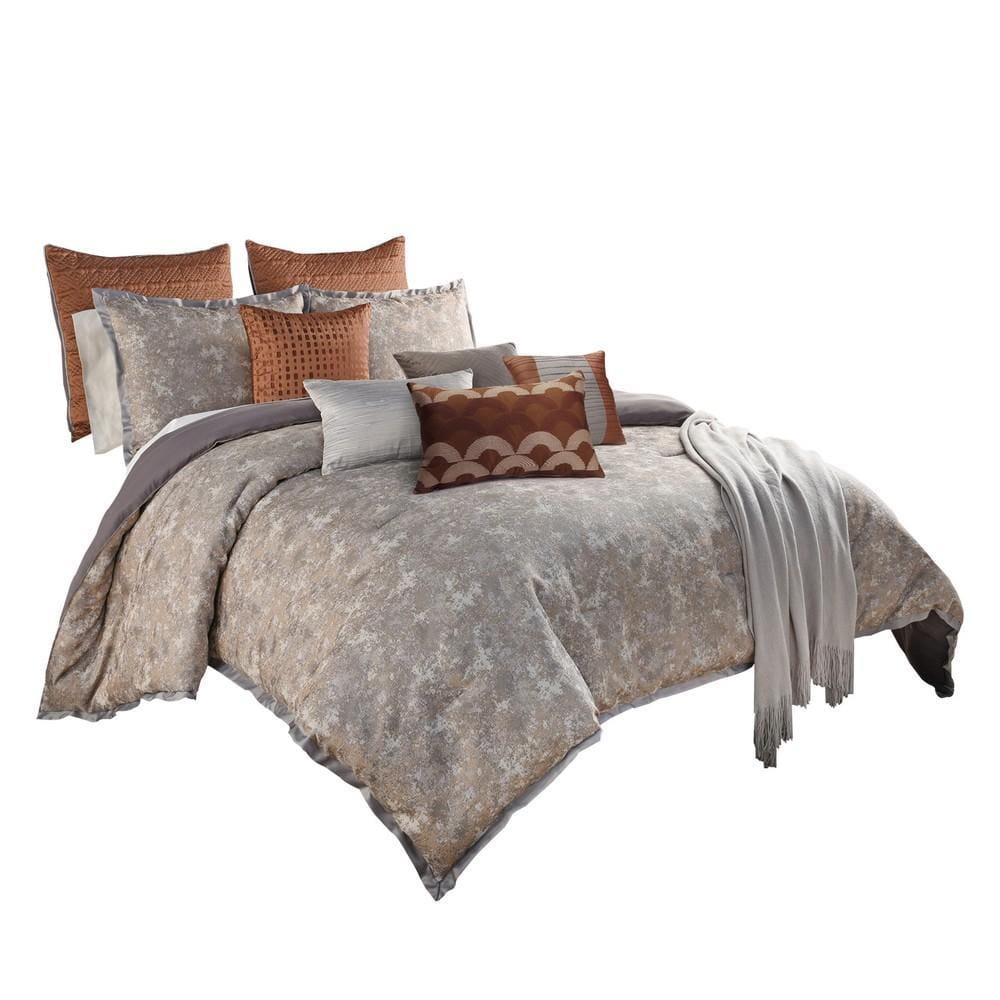 12 Piece King Polyester Comforter Set with Textured Details, Gray and Brown By Casagear Home