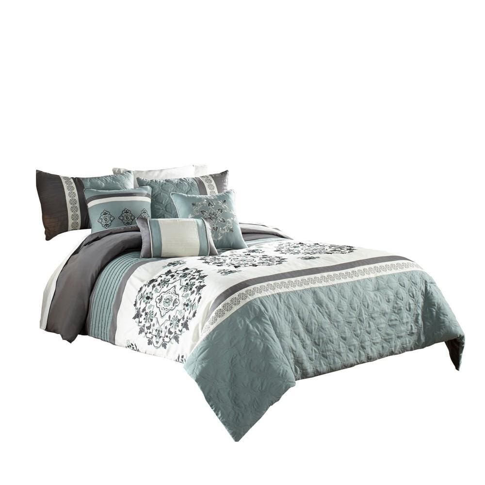 7 Piece King Polyester Comforter Set with Floral Details, Blue and Gray By Casagear Home