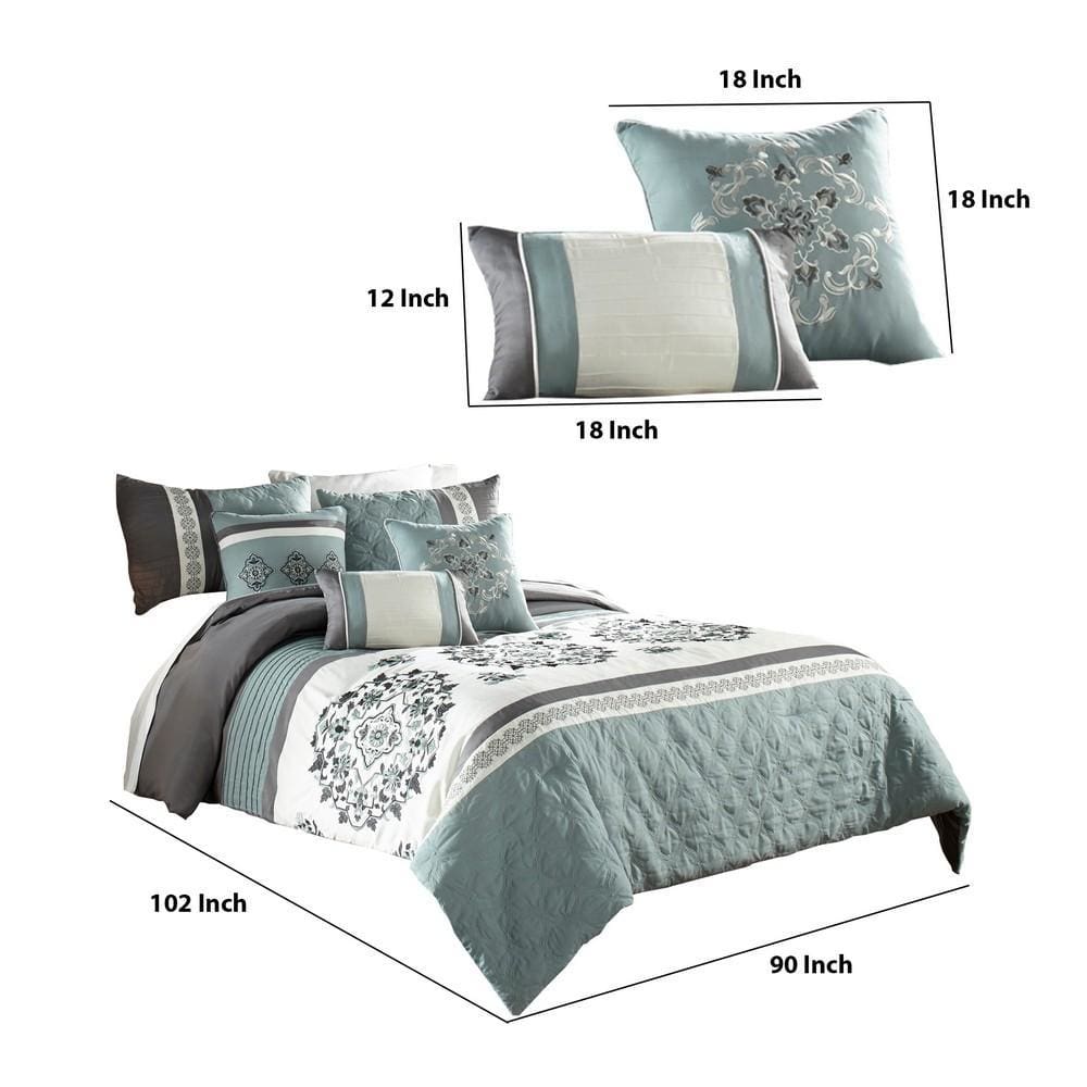 7 Piece King Polyester Comforter Set with Floral Details Blue and Gray By Casagear Home BM227292