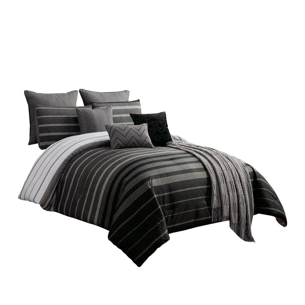 10 Piece King Polyester Comforter Set with Striped Details, Black and Gray By Casagear Home