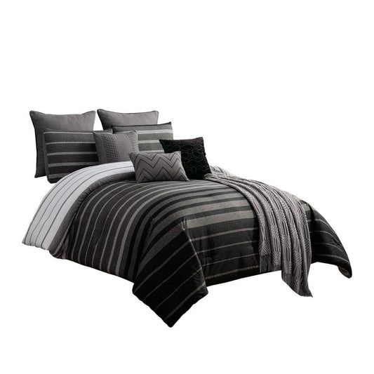 10 Piece Queen Polyester Comforter Set with Striped Details, Black and Gray By Casagear Home