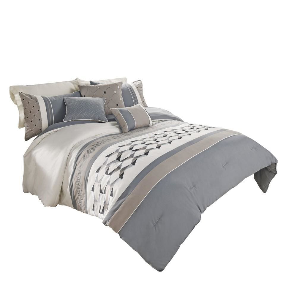 Comforter Set | 7 Piece Queen | Geometric Design | Blue & Gray