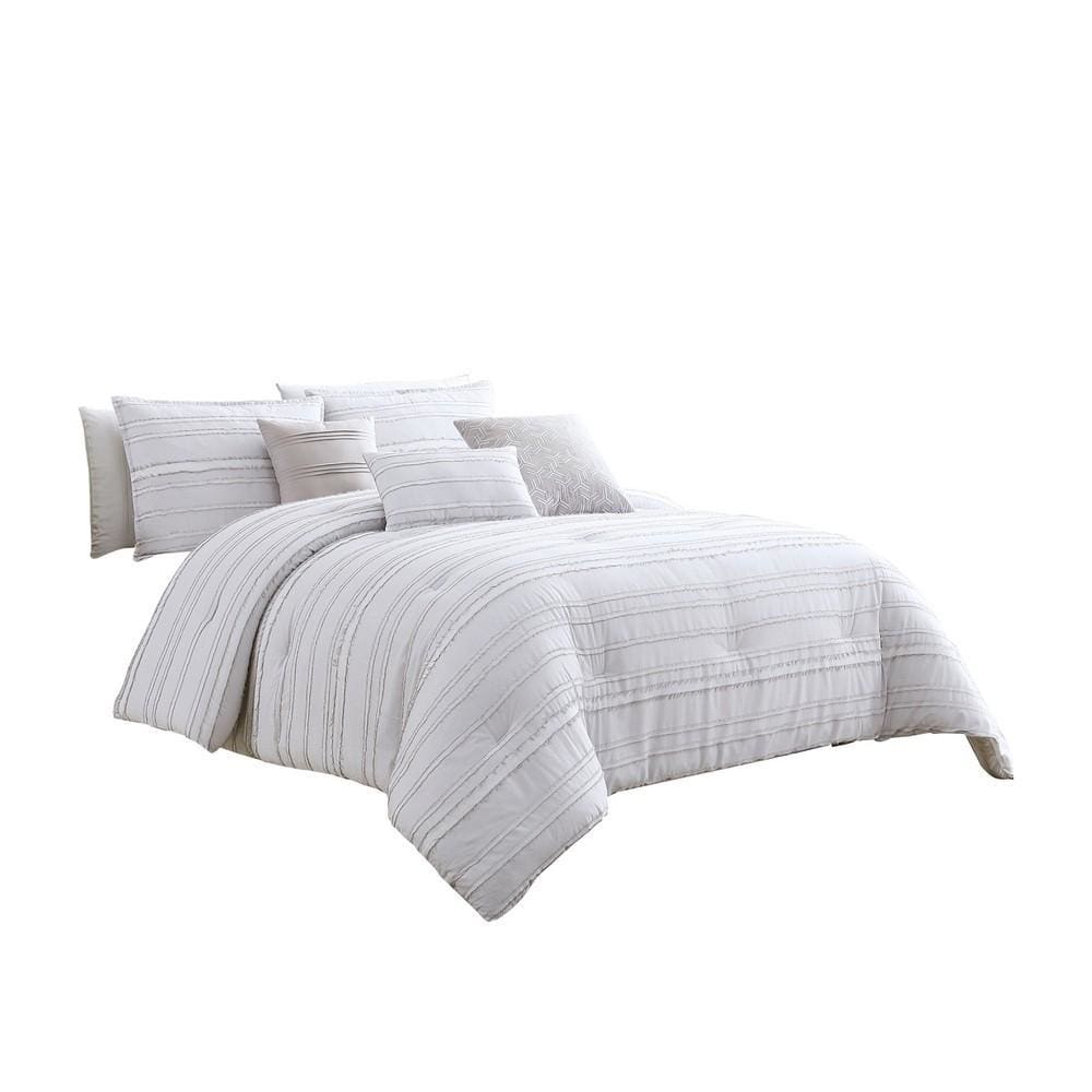 Comforter Set | 6 Piece Queen | Cotton | Frayed Edges | White & Gray