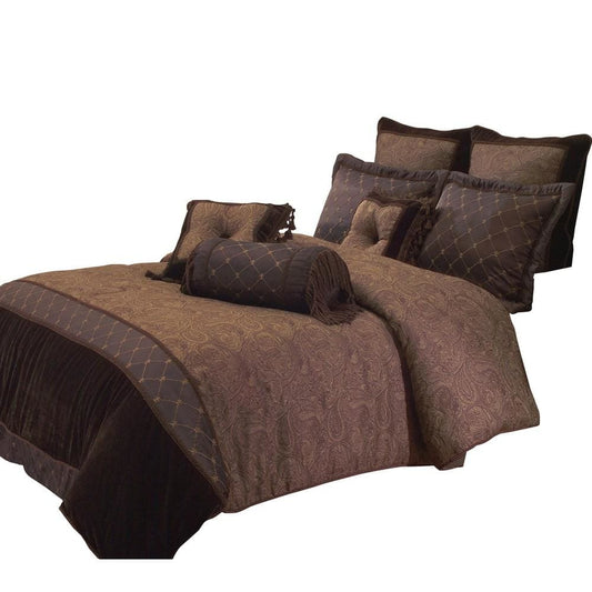 10 Piece King Polyester Comforter Set with Paisley Pattern Design, Brown By Casagear Home
