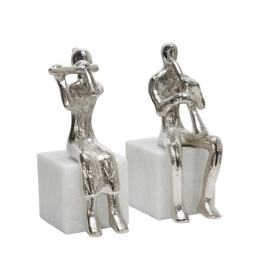 Metal Sitting Musicians Accent Decor with Marble Base, Set of 2, Silver By Casagear Home