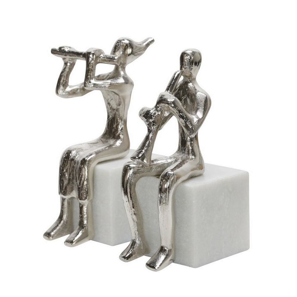 Metal Sitting Musicians Accent Decor with Marble Base Set of 2 Silver By Casagear Home BM227311