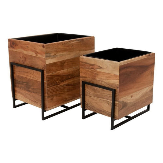 18 Inch Square Wood Planter with Metal Frame Base,Set of 2,Brown and Black By Casagear Home