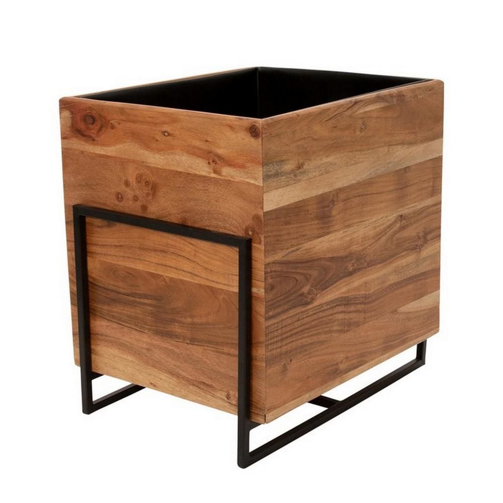 18 Inch Square Wood Planter with Metal Frame Base,Set of 2,Brown and Black By Casagear Home BM227330