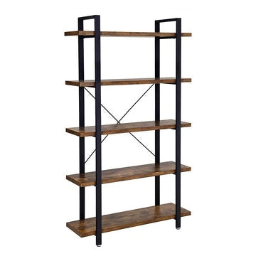 5 Tier Wood and Metal Frame Bookcase with X Shape Back, Brown and Black By Casagear Home