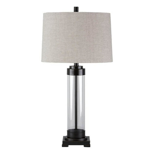 Glass and Metal Frame Table Lamp with Fabric Shade, Gray and Black By Casagear Home