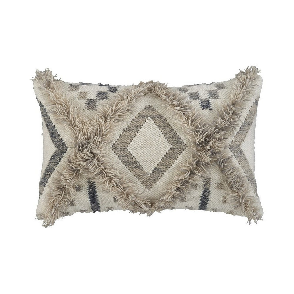22 x 14 Woolen Face Accent Pillow with Fringe Details, Set of 4, Cream By Casagear Home