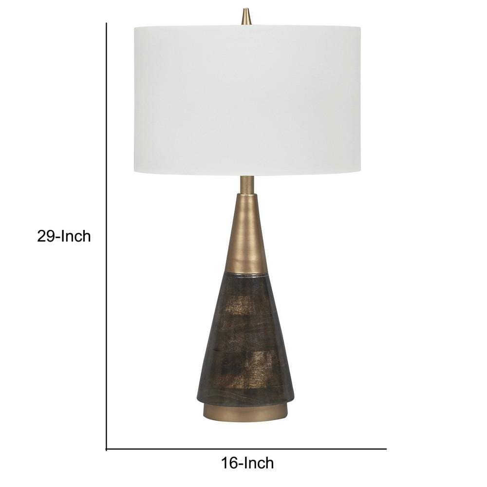 Wood and Metal Conical Base Table Lamp with Fabric Shade Brass and White By Casagear Home BM227375