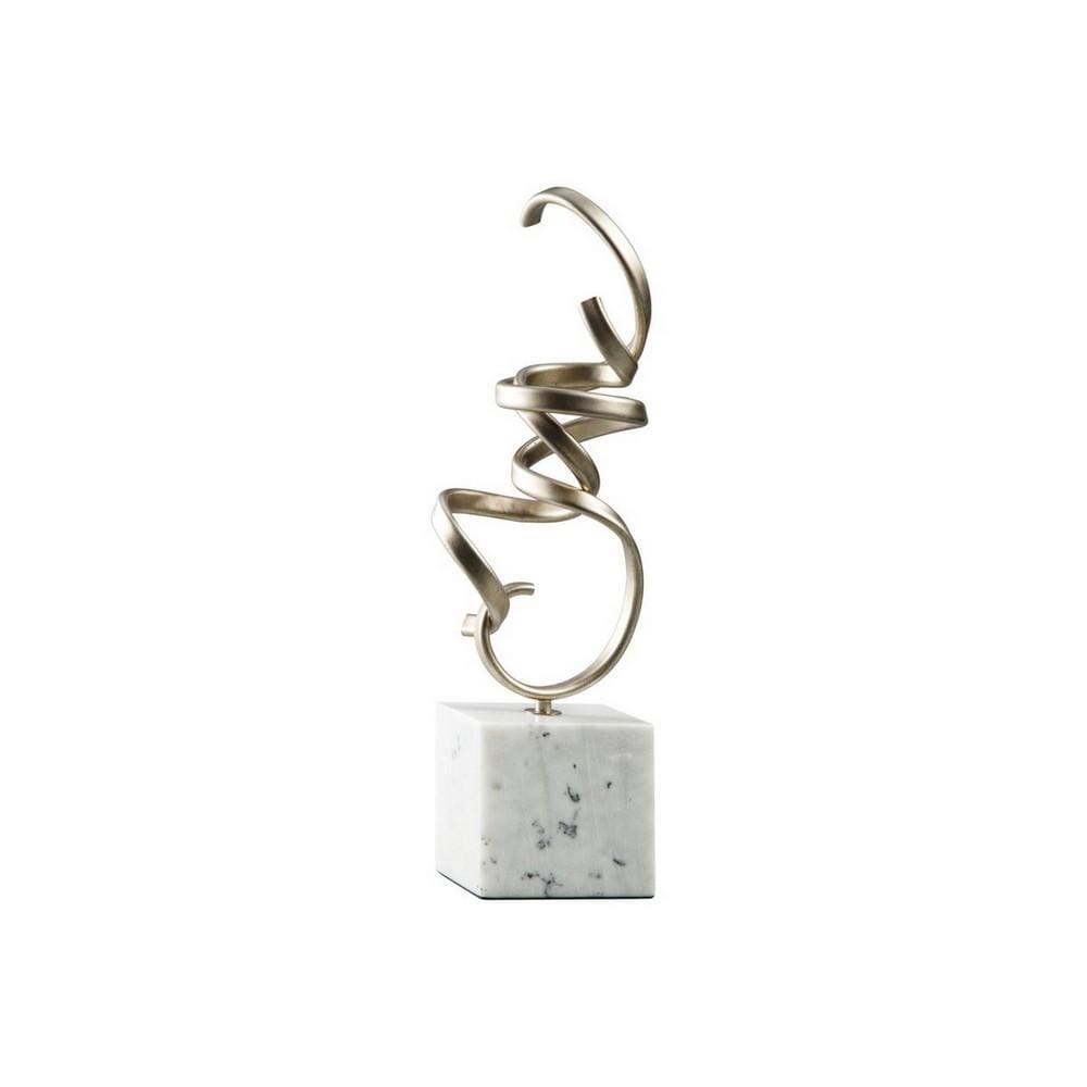 Twisted Scrolled Metal Sculpture with Marble Base, Champagne Gold and White By Casagear Home