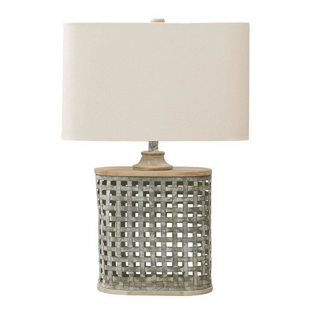 Metal Table Lamp with Lattice Design Body and Hardback Shade,Gray and Beige By Casagear Home