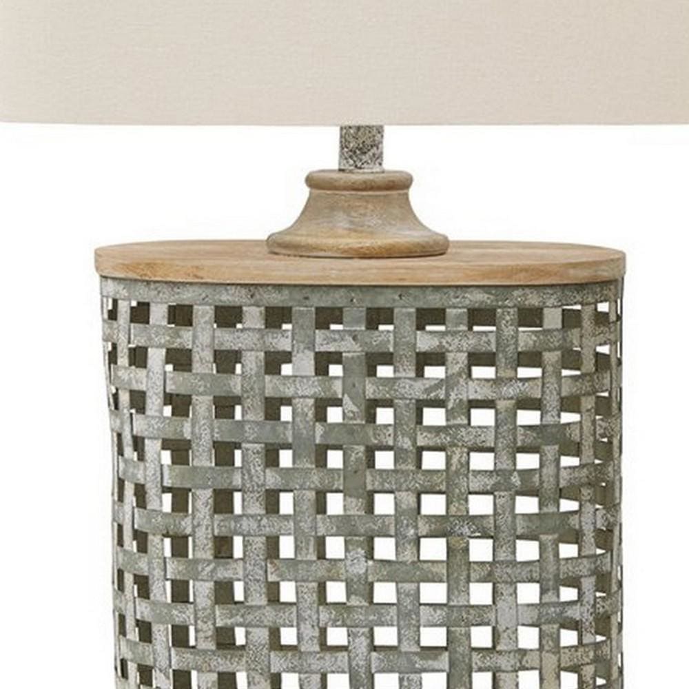 Metal Table Lamp with Lattice Design Body and Hardback Shade,Gray and Beige By Casagear Home BM227552