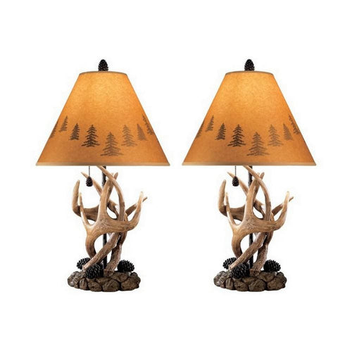 Antler Table Lamp Set | Resin Body | Pinecone Detail | Brown