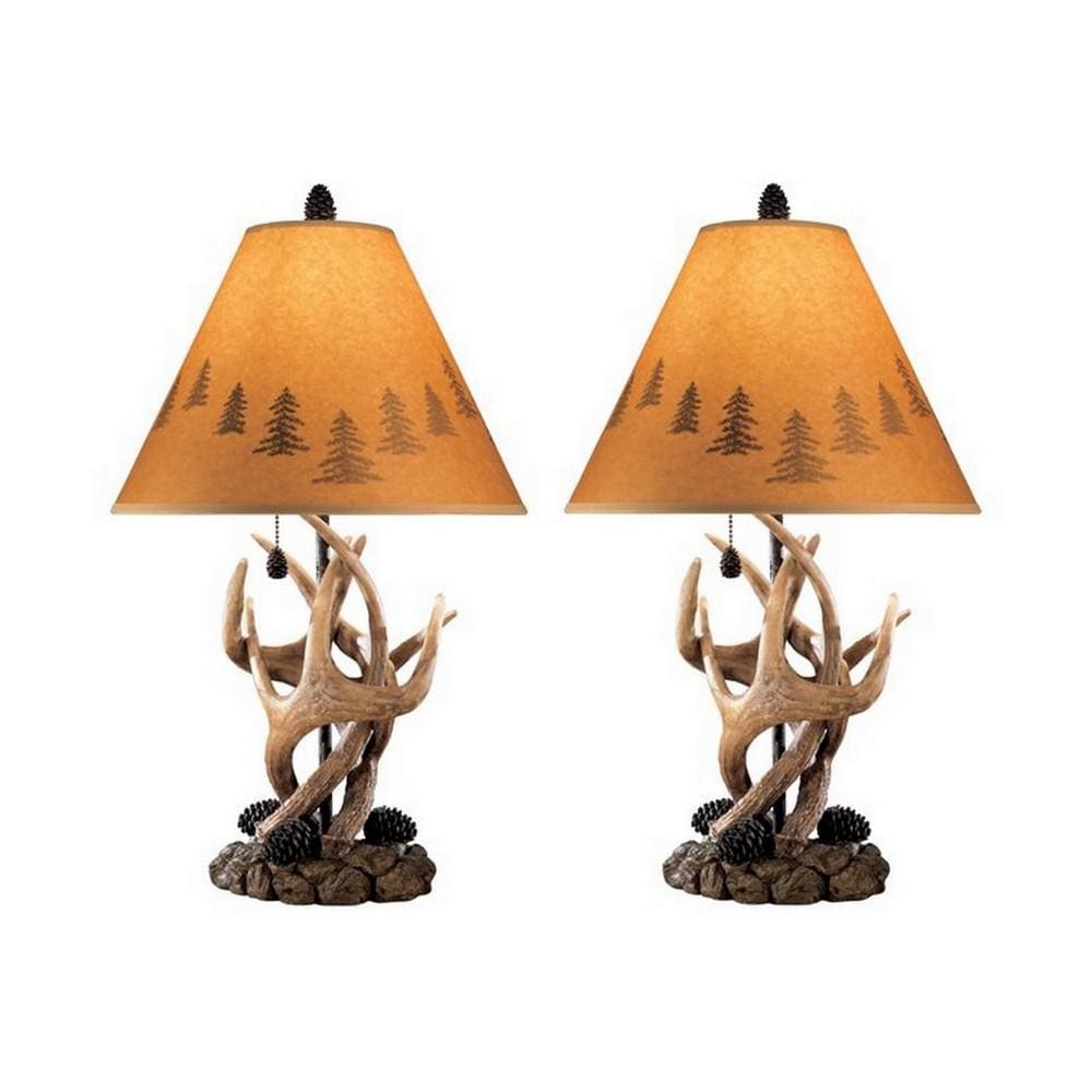 Antler Table Lamp Set | Resin Body | Pinecone Detail | Brown