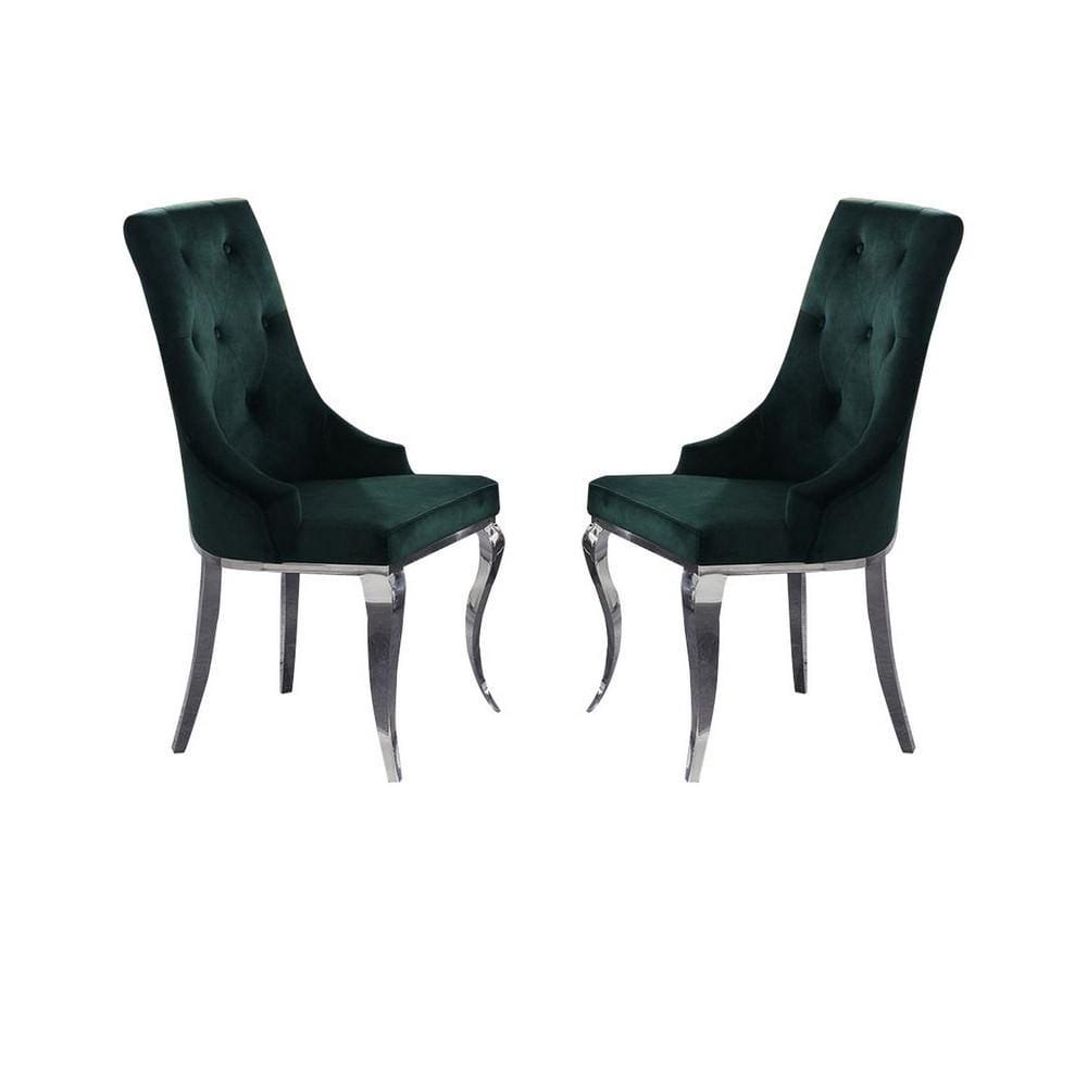 Button Tufted Back Arm Chair with Cabriole Legs, Set of 2, Green and Chrome By Casagear Home