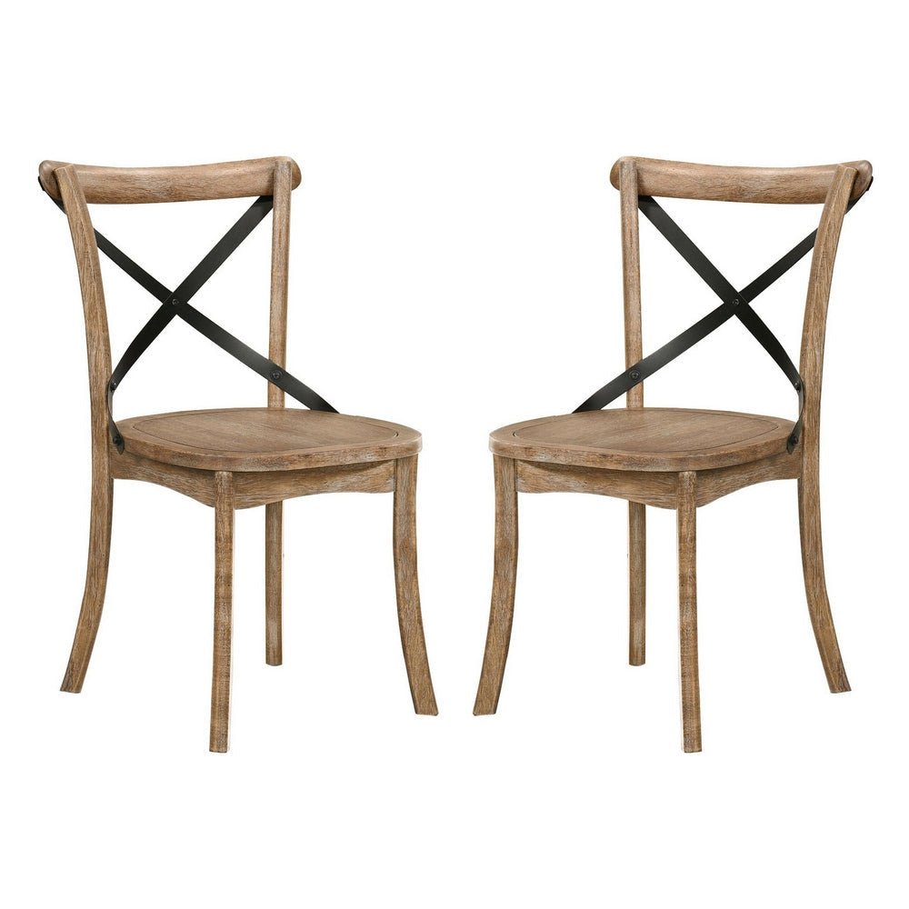 Wood and Metal Side Chair with X Open Back, Set of 2, Rustic Brown and Black By Casagear Home