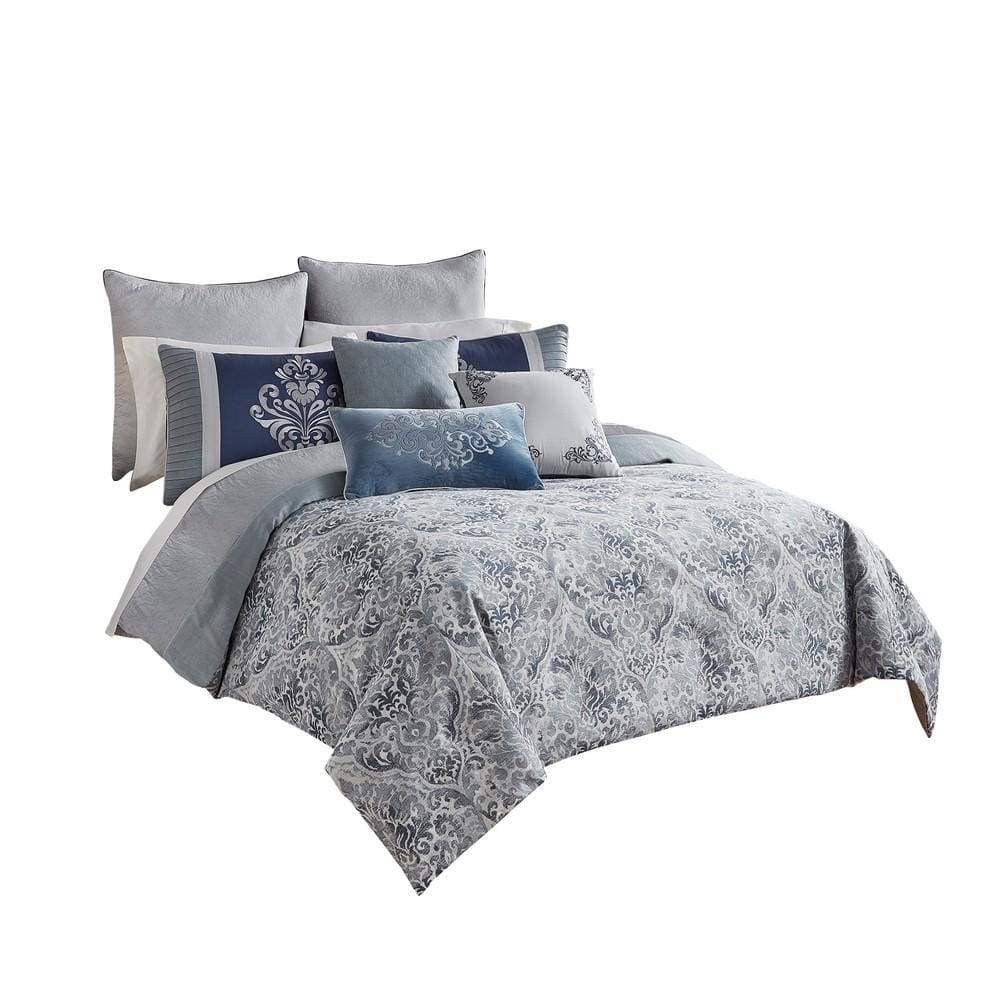Comforter Set | 10 Piece King | Damask Print | Blue & Gray