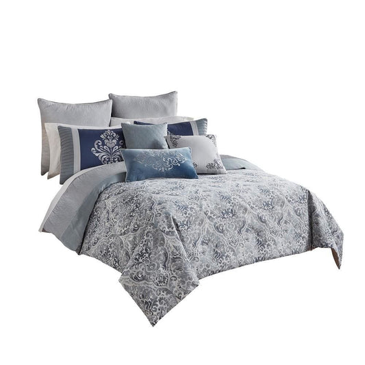 Comforter Set | 9 Piece Queen | Damask Print | Blue & Gray