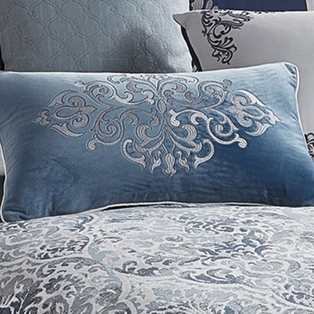 9 Piece Queen Polyester Comforter Set with Damask Prints Blue and Gray By Casagear Home BM227744