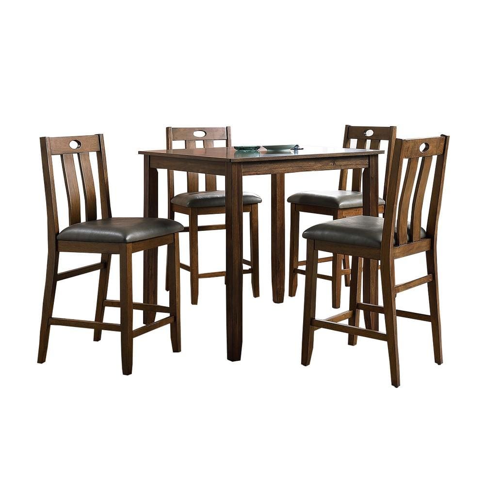 5 Piece Counter Height Wooden Dining Set with Padded Seat, Brown and Gray By Casagear Home