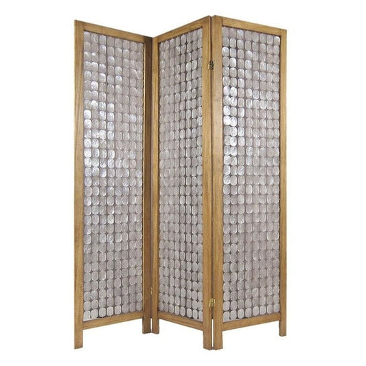 3 Panel Wooden Screen with Pearl Motif Accent, Brown and Silver By Casagear Home