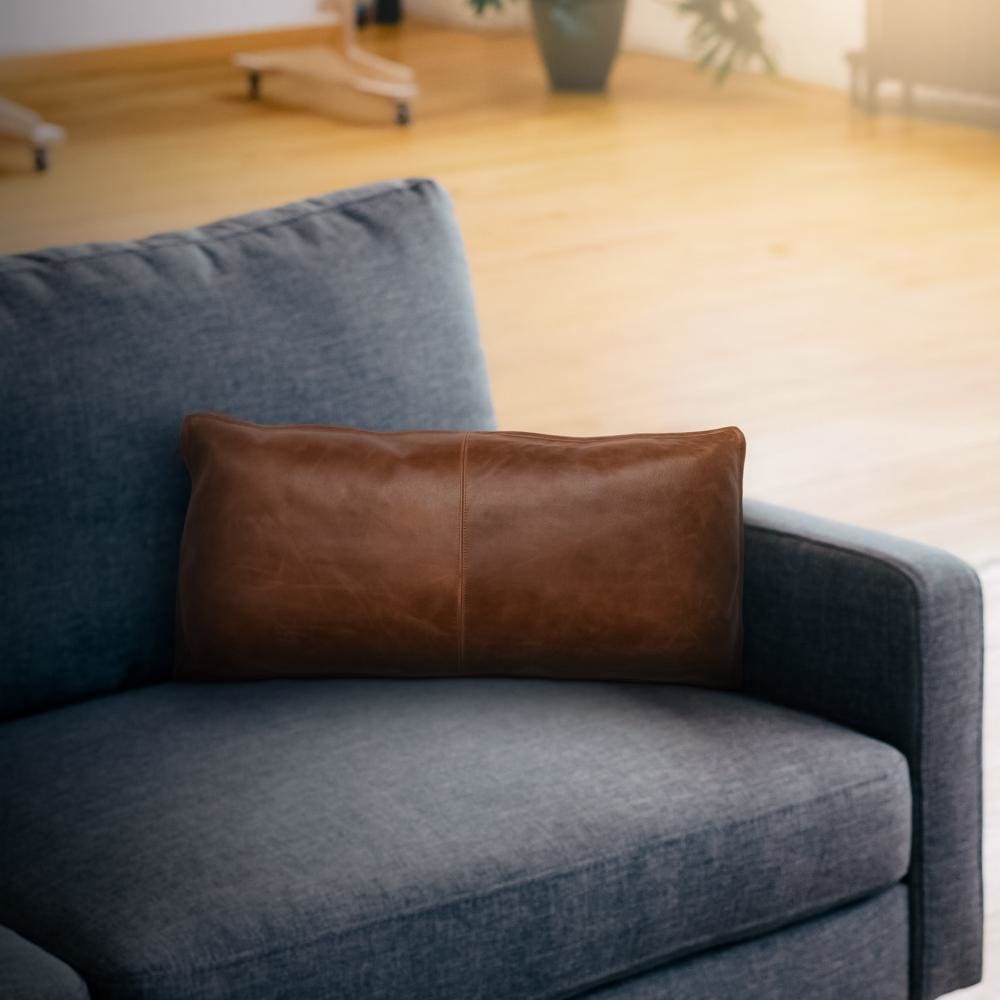 Faux Leather Pillow | Stitched Detail | Flanged Edges | Brown