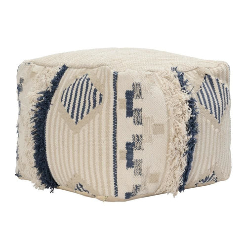 Pouf Ottoman | Woven Fabric | Fringe Details | Cream & Blue