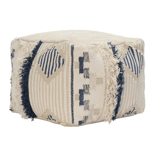 Pouf Ottoman | Woven Fabric | Fringe Details | Cream & Blue